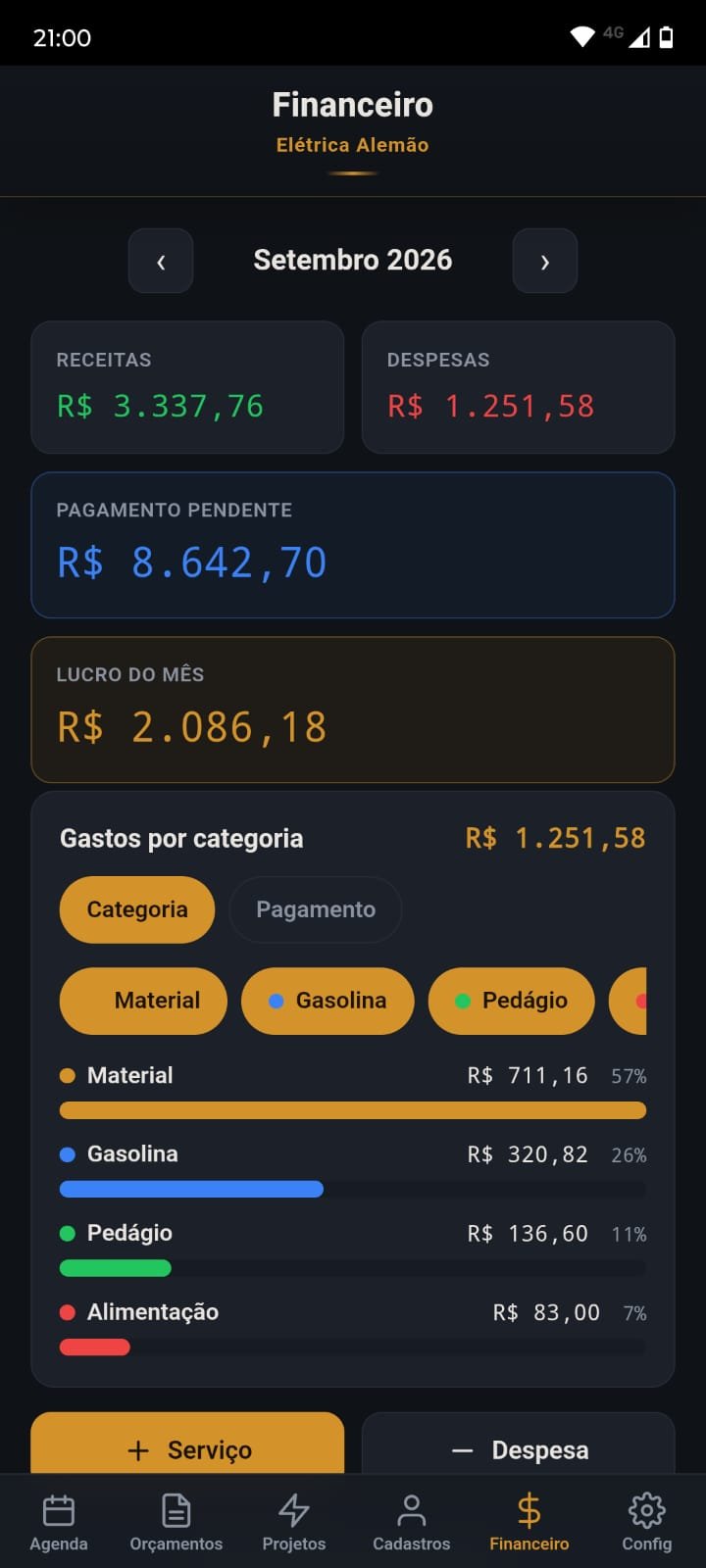 Tela de controle financeiro do aplicativo